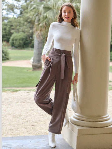 Anewsta Solid Color Belted Cargo Trousers
