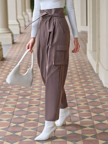 Anewsta Solid Color Belted Cargo Trousers
