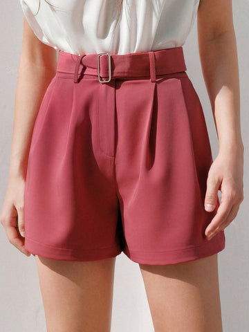 Anewsta Solid Color Belted Shorts