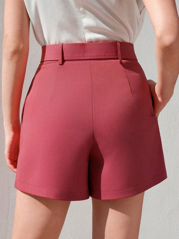Anewsta Solid Color Belted Shorts