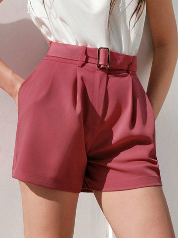 Anewsta Solid Color Belted Shorts