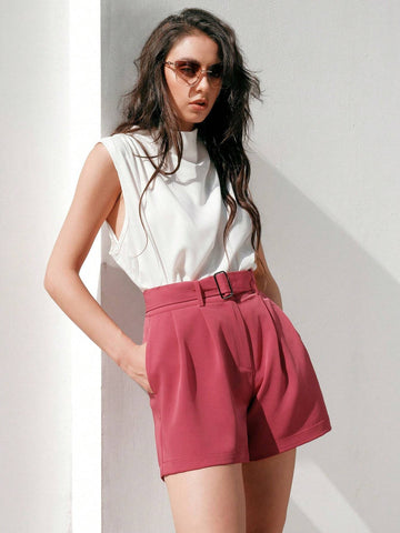 Anewsta Solid Color Belted Shorts