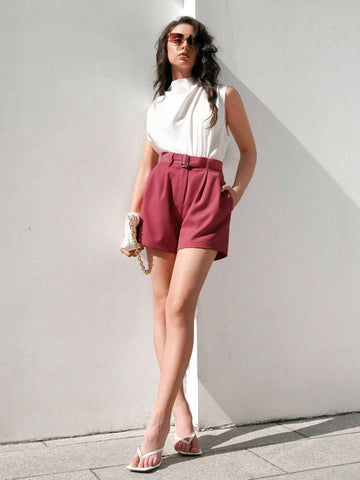 Anewsta Solid Color Belted Shorts