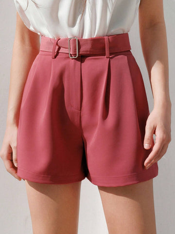 Anewsta Solid Color Belted Shorts