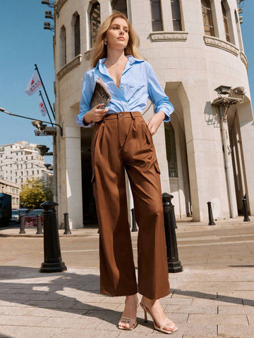 Anewsta Solid Color Casual Straight Leg Pants With Pockets