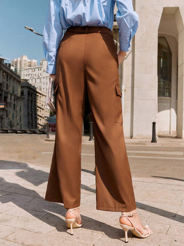 Anewsta Solid Color Casual Straight Leg Pants With Pockets