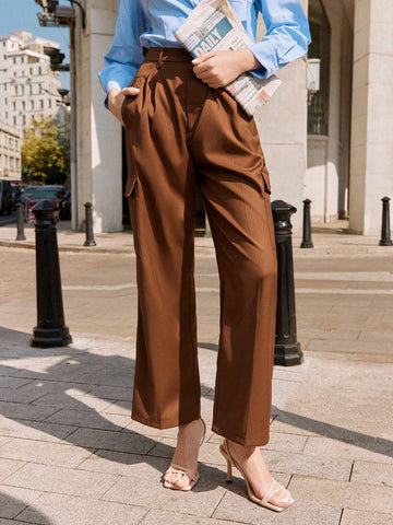 Anewsta Solid Color Casual Straight Leg Pants With Pockets