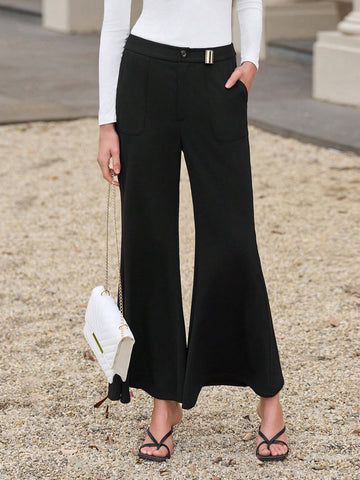 Anewsta Solid Color Flared Pants With Slanted Pockets