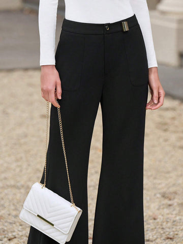 Anewsta Solid Color Flared Pants With Slanted Pockets