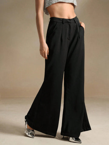 Anewsta Solid Color High Waisted Wide Leg Pants With Pockets