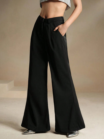 Anewsta Solid Color High Waisted Wide Leg Pants With Pockets