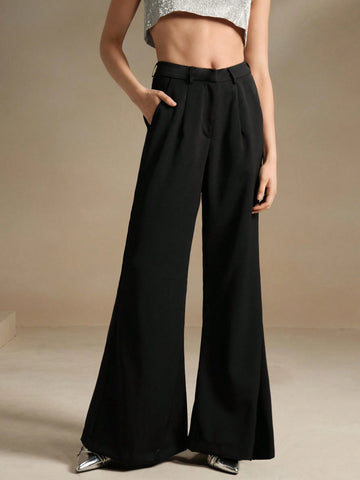 Anewsta Solid Color High Waisted Wide Leg Pants With Pockets
