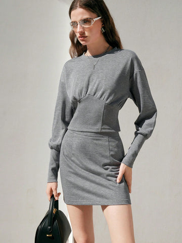 Anewsta Solid Color Top And Skirt Two-Piece Set