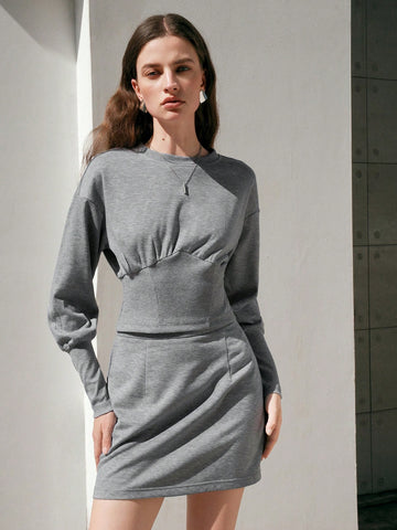 Anewsta Solid Color Top And Skirt Two-Piece Set