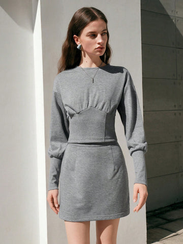 Anewsta Solid Color Top And Skirt Two-Piece Set