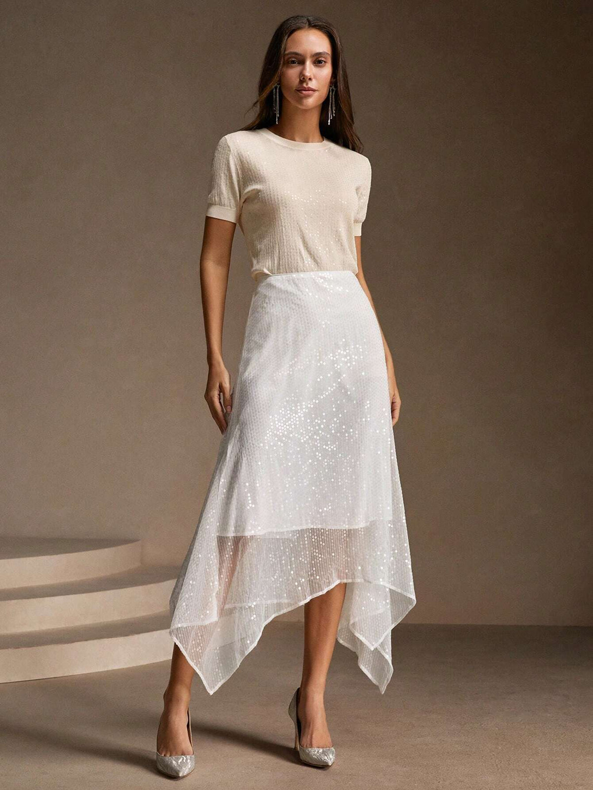 Anewsta Spring&Summer Elegant Beaded Asymmetric Hem Skirt