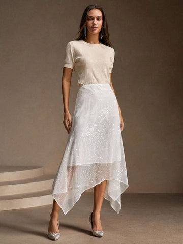 Anewsta Spring&Summer Elegant Beaded Asymmetric Hem Skirt