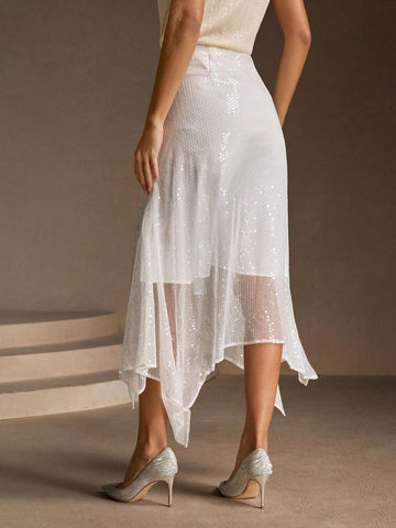 Anewsta Spring&Summer Elegant Beaded Asymmetric Hem Skirt