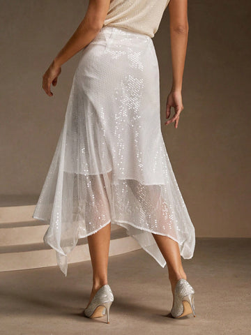 Anewsta Spring&Summer Elegant Beaded Asymmetric Hem Skirt