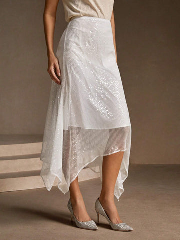Anewsta Spring&Summer Elegant Beaded Asymmetric Hem Skirt