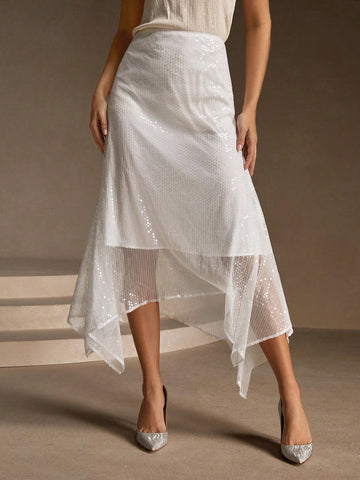 Anewsta Spring&Summer Elegant Beaded Asymmetric Hem Skirt