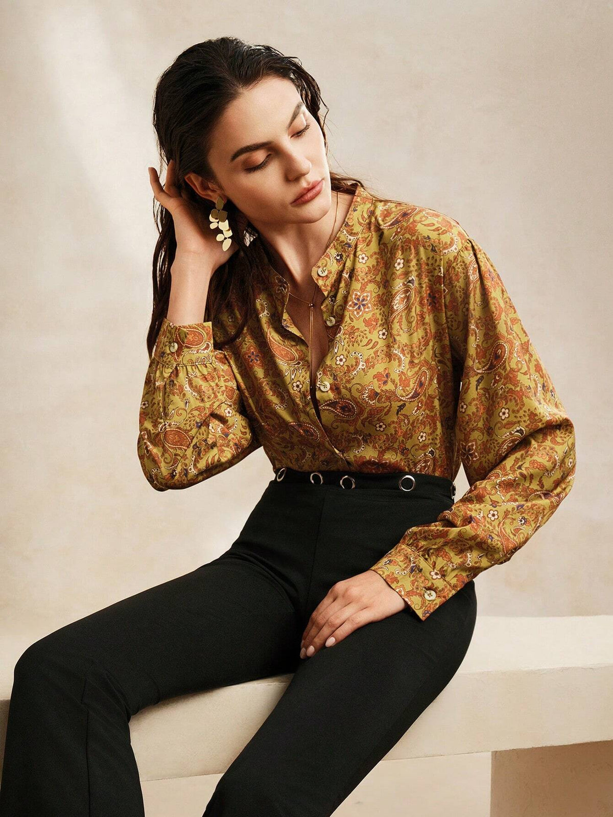Anewsta Spring And Autumn Retro Casual Paisley Pattern Shirt