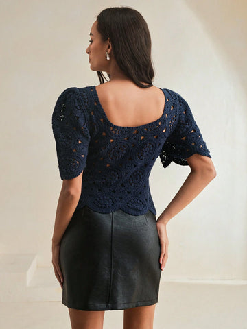 Square Neck Crochet Puff Sleeve Hollow-Out Elegant Vacation T-Shirt For Women