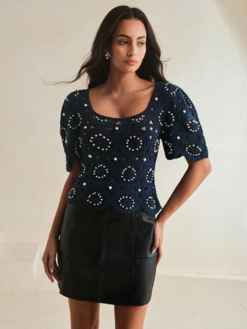 Square Neck Crochet Puff Sleeve Hollow-Out Elegant Vacation T-Shirt For Women
