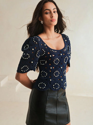 Square Neck Crochet Puff Sleeve Hollow-Out Elegant Vacation T-Shirt For Women