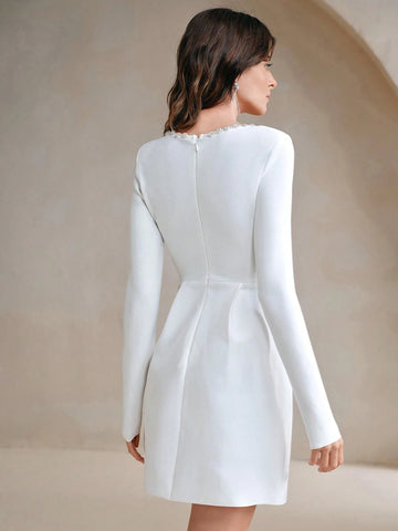 Anewsta Square Neck Long Sleeve Mini Dress With Glitter Decor