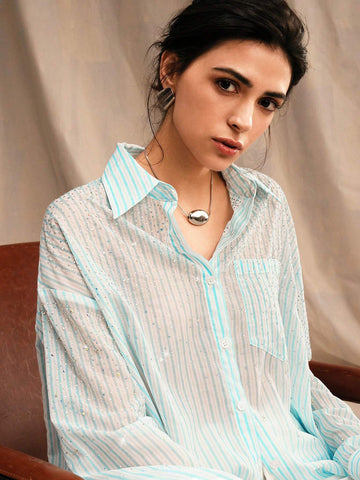 Anewsta Striped Rhinestone Decor Casual Fashion Turn-Down Collar Flowy Long Sleeve Shirt