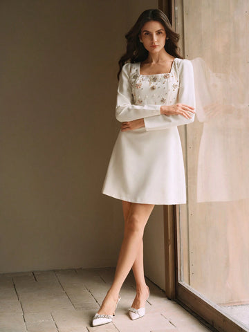 Anewsta Stylish French Design Riveted Rhinestone Decor Unique Chic Sense Nobility Elegant Square Neck Dress