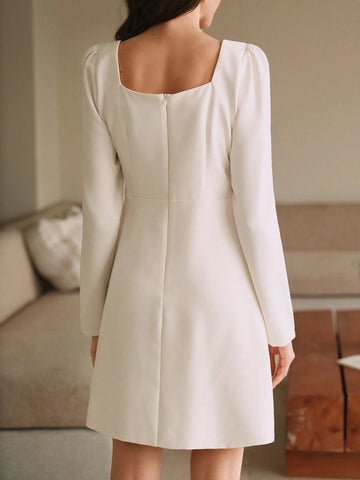 Anewsta Stylish French Design Riveted Rhinestone Decor Unique Chic Sense Nobility Elegant Square Neck Dress