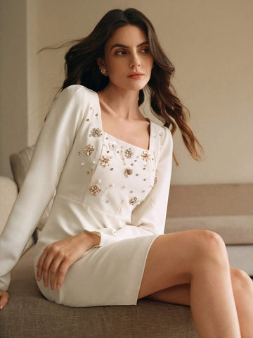 Anewsta Stylish French Design Riveted Rhinestone Decor Unique Chic Sense Nobility Elegant Square Neck Dress