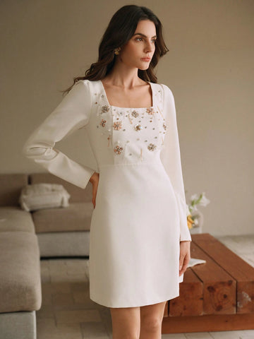 Anewsta Stylish French Design Riveted Rhinestone Decor Unique Chic Sense Nobility Elegant Square Neck Dress