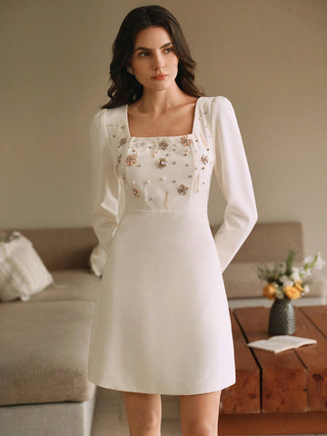 Anewsta Stylish French Design Riveted Rhinestone Decor Unique Chic Sense Nobility Elegant Square Neck Dress