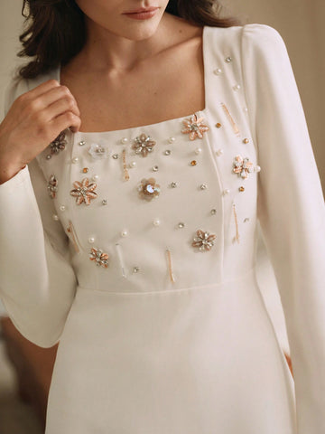 Anewsta Stylish French Design Riveted Rhinestone Decor Unique Chic Sense Nobility Elegant Square Neck Dress