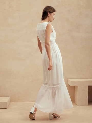 Anewsta Summer Beach Vacation Style White V-Neck Sleeveless Women's Dress