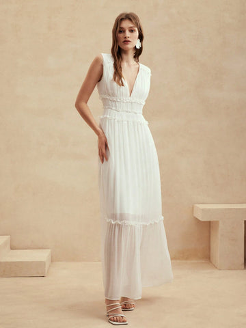 Anewsta Summer Beach Vacation Style White V-Neck Sleeveless Women's Dress