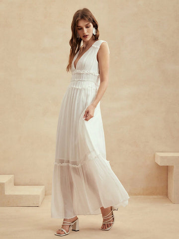 Anewsta Summer Beach Vacation Style White V-Neck Sleeveless Women's Dress