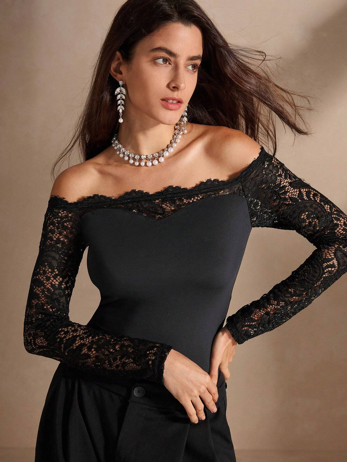 Anewsta Summer Solid Color Contrast Lace Off-Shoulder Sexy Bodysuit