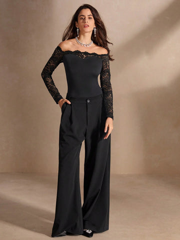 Anewsta Summer Solid Color Contrast Lace Off-Shoulder Sexy Bodysuit