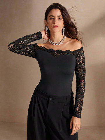 Anewsta Summer Solid Color Contrast Lace Off-Shoulder Sexy Bodysuit