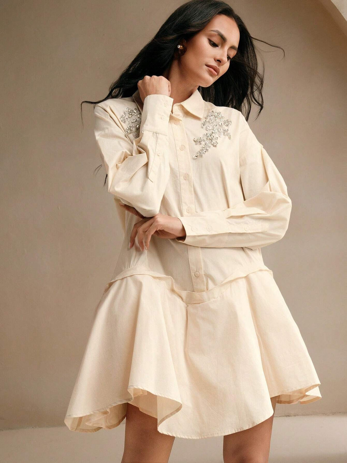 Anewsta Turn-Down Collar Long Sleeve Crystal Embellished Flared Elegant Shirt Dress