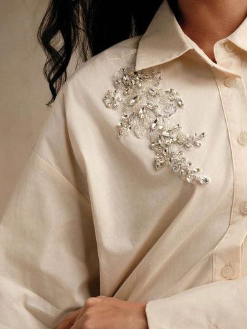 Anewsta Turn-Down Collar Long Sleeve Crystal Embellished Flared Elegant Shirt Dress