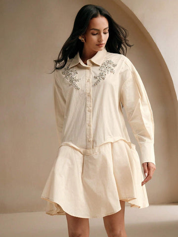 Anewsta Turn-Down Collar Long Sleeve Crystal Embellished Flared Elegant Shirt Dress