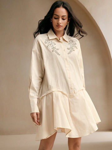 Anewsta Turn-Down Collar Long Sleeve Crystal Embellished Flared Elegant Shirt Dress