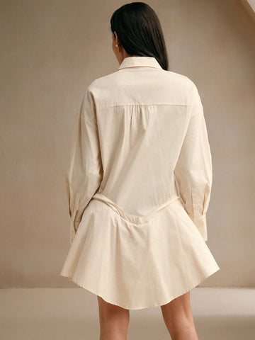 Anewsta Turn-Down Collar Long Sleeve Crystal Embellished Flared Elegant Shirt Dress