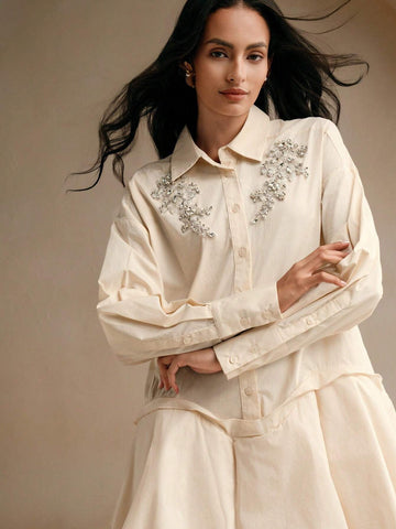 Anewsta Turn-Down Collar Long Sleeve Crystal Embellished Flared Elegant Shirt Dress