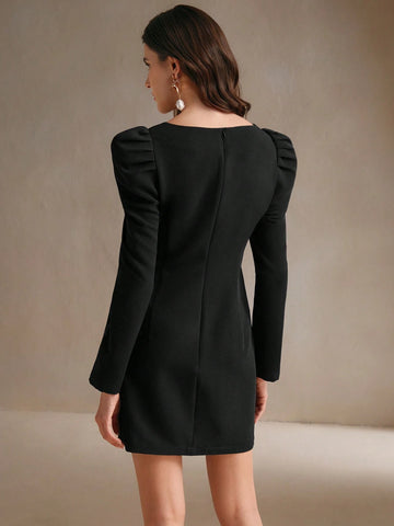 Anewsta U-Neck Short Black Dress With Floral Pattern, Long Sleeve, Waisted, For Women, Autumn